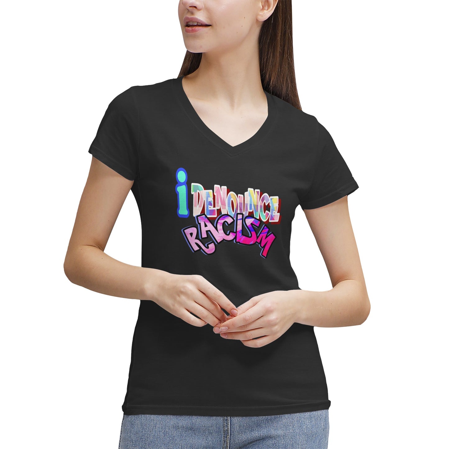 IDR iDENOUNCE RACISM Women's 100% Cotton V‑Neck T‑shirt