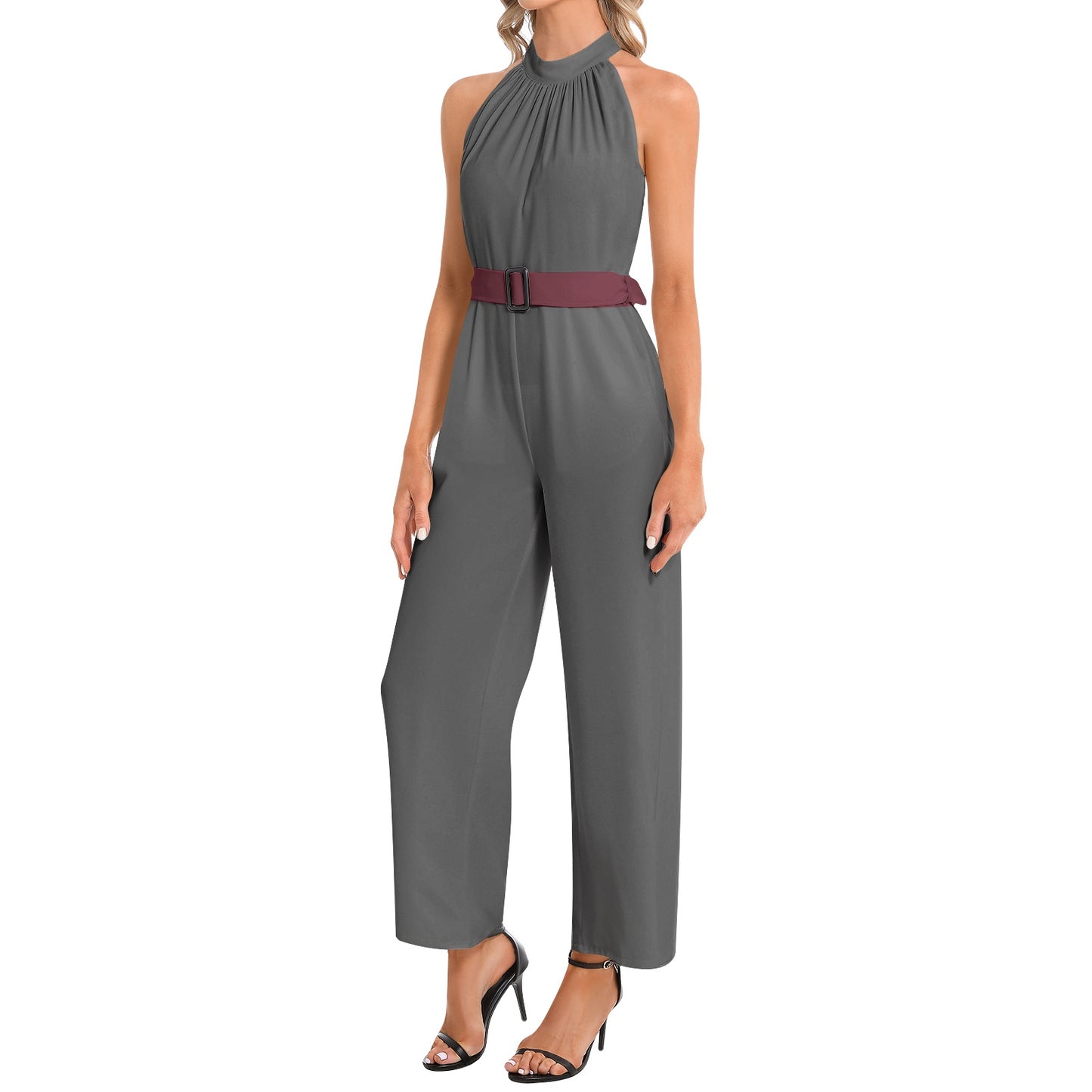 #CBANDZ Collection GREY/MAROON Halter Neck Buckle Belted Jumpsuit