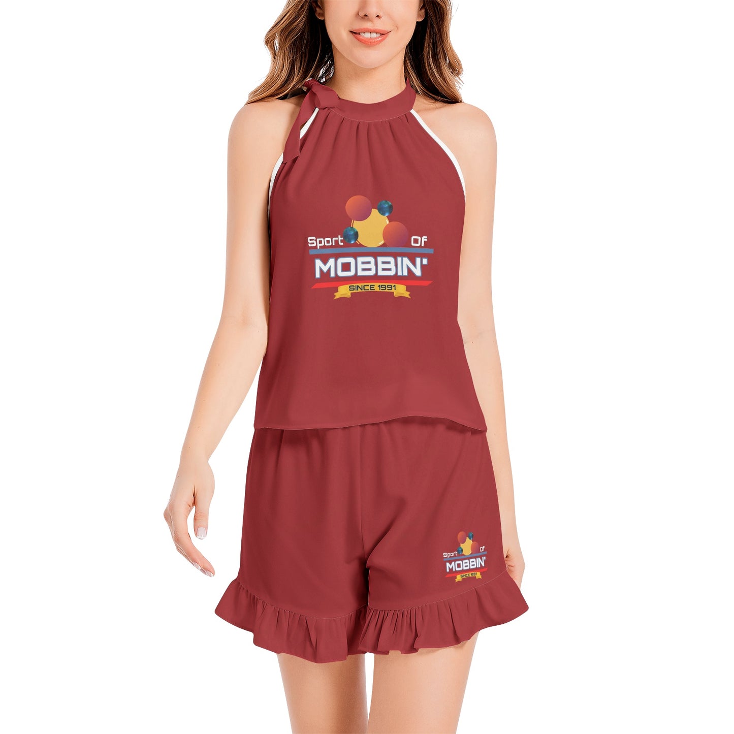 SOM Tie Neck Halter Top and Ruffle Hem Short Set