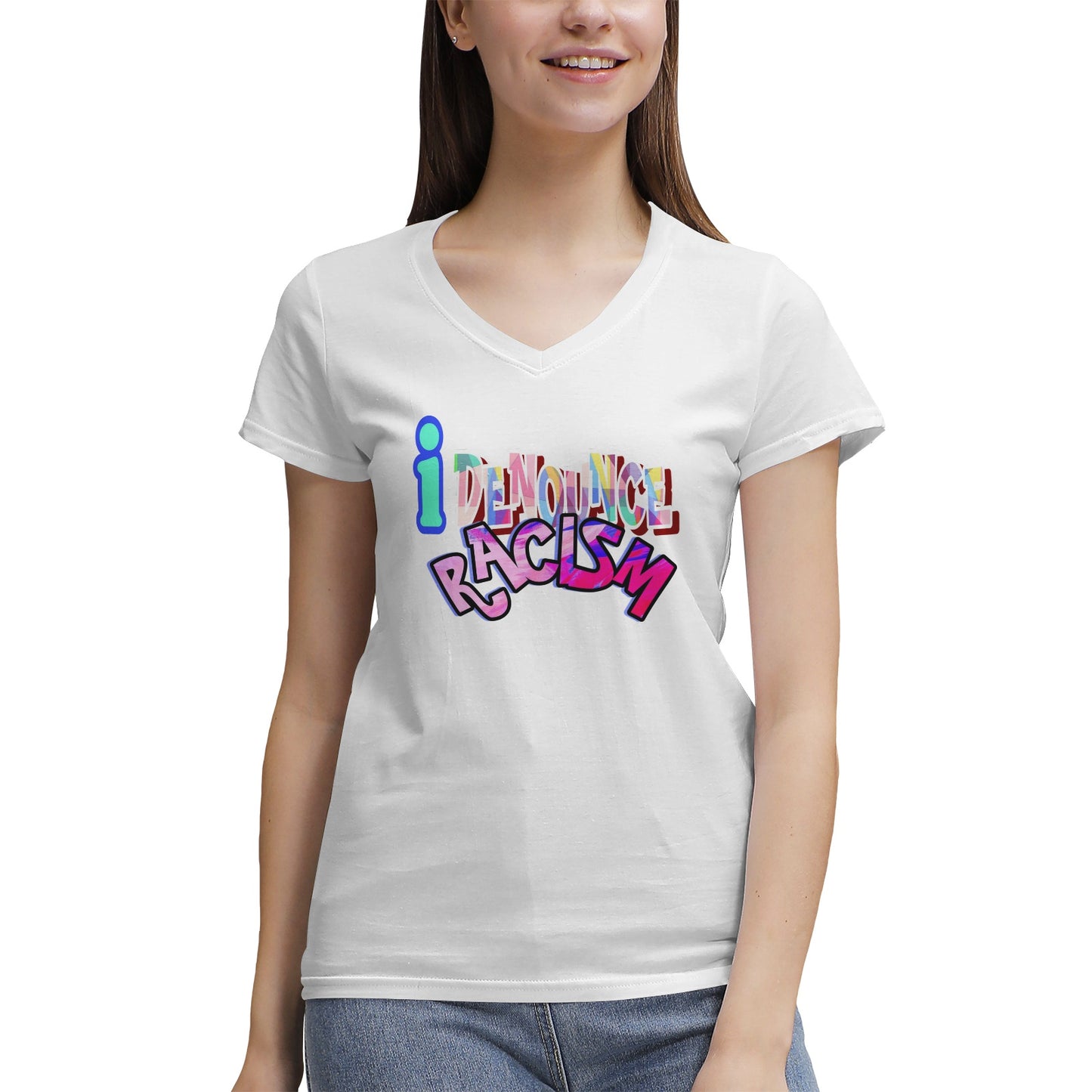 IDR iDENOUNCE RACISM Women's 100% Cotton V‑Neck T‑shirt