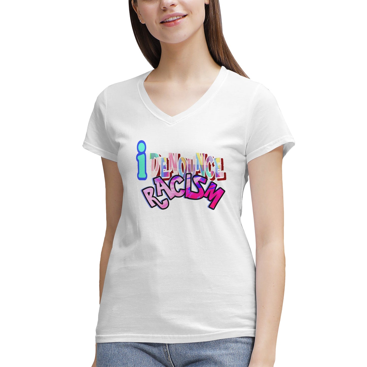IDR iDENOUNCE RACISM Women's 100% Cotton V‑Neck T‑shirt