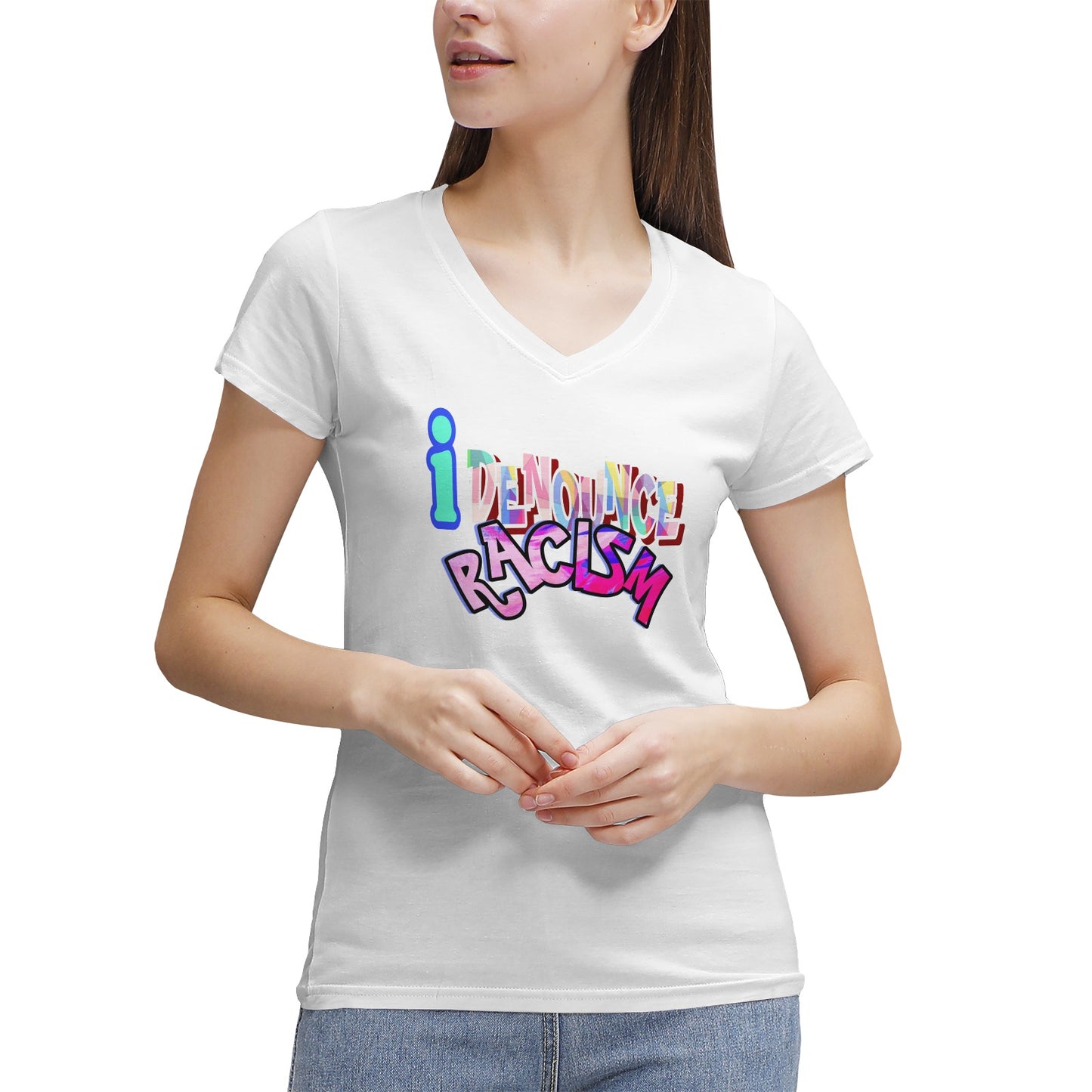 IDR iDENOUNCE RACISM Women's 100% Cotton V‑Neck T‑shirt