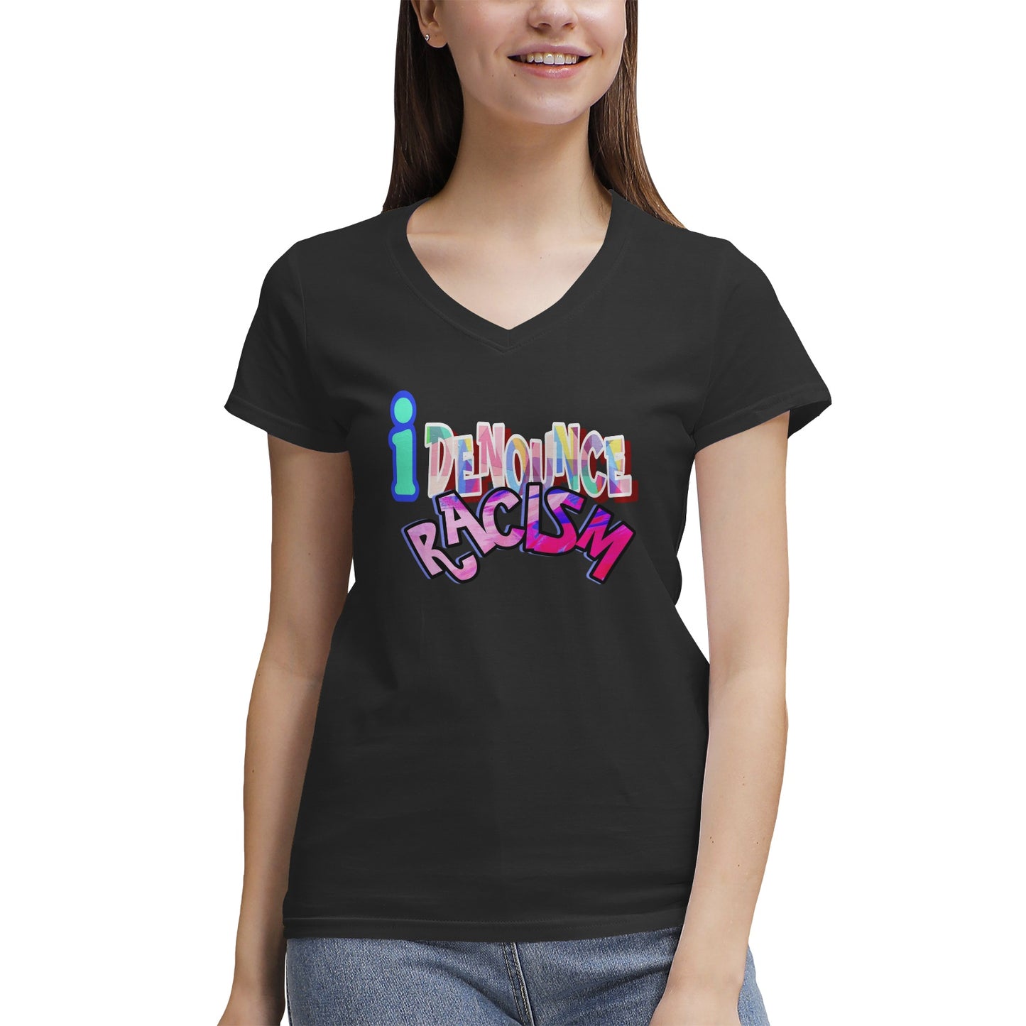 IDR iDENOUNCE RACISM Women's 100% Cotton V‑Neck T‑shirt