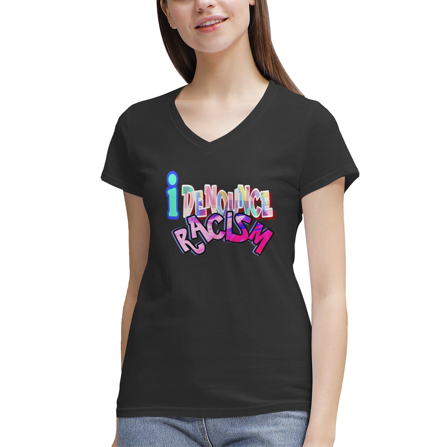 IDR iDENOUNCE RACISM Women's 100% Cotton V‑Neck T‑shirt