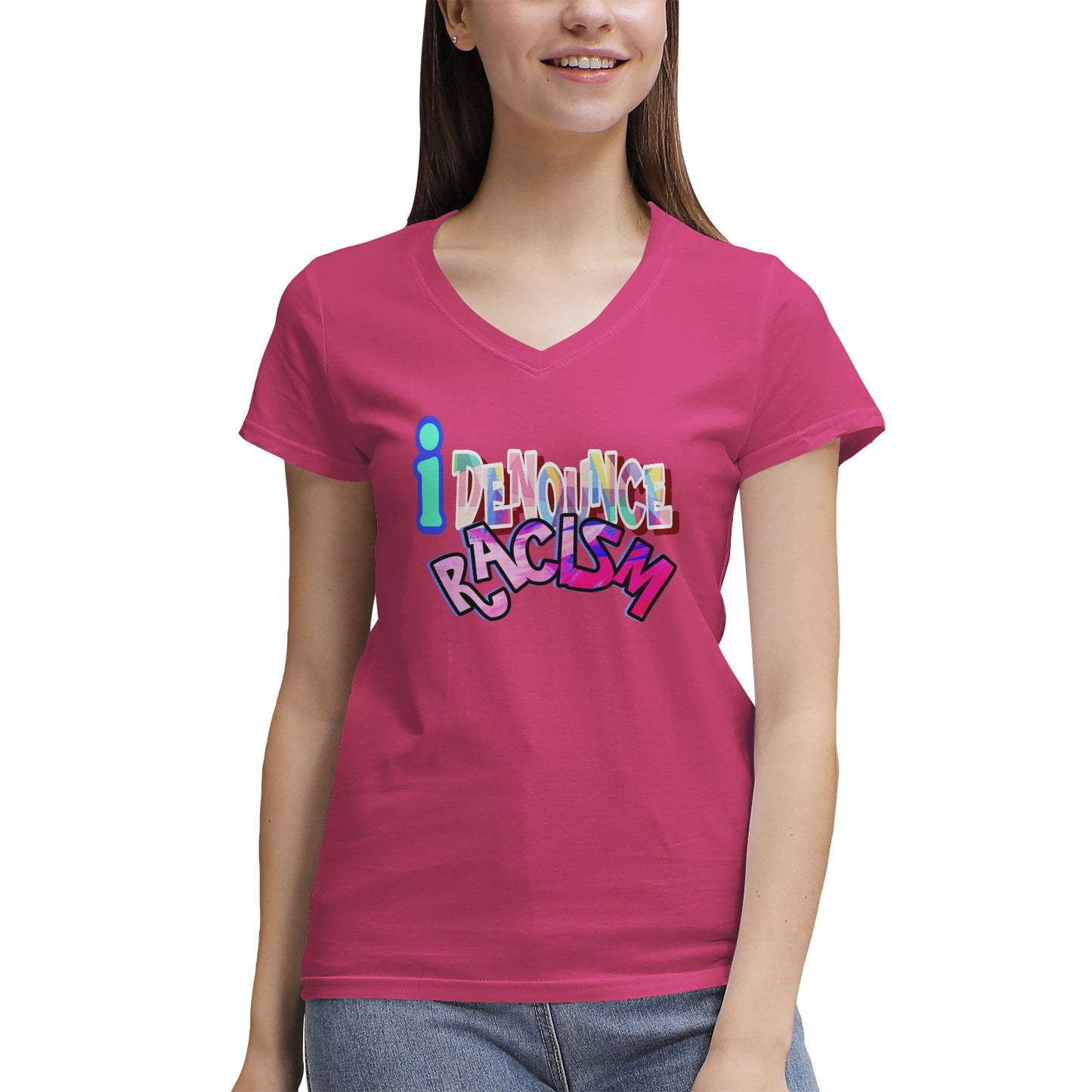 IDR iDENOUNCE RACISM Women's 100% Cotton V‑Neck T‑shirt