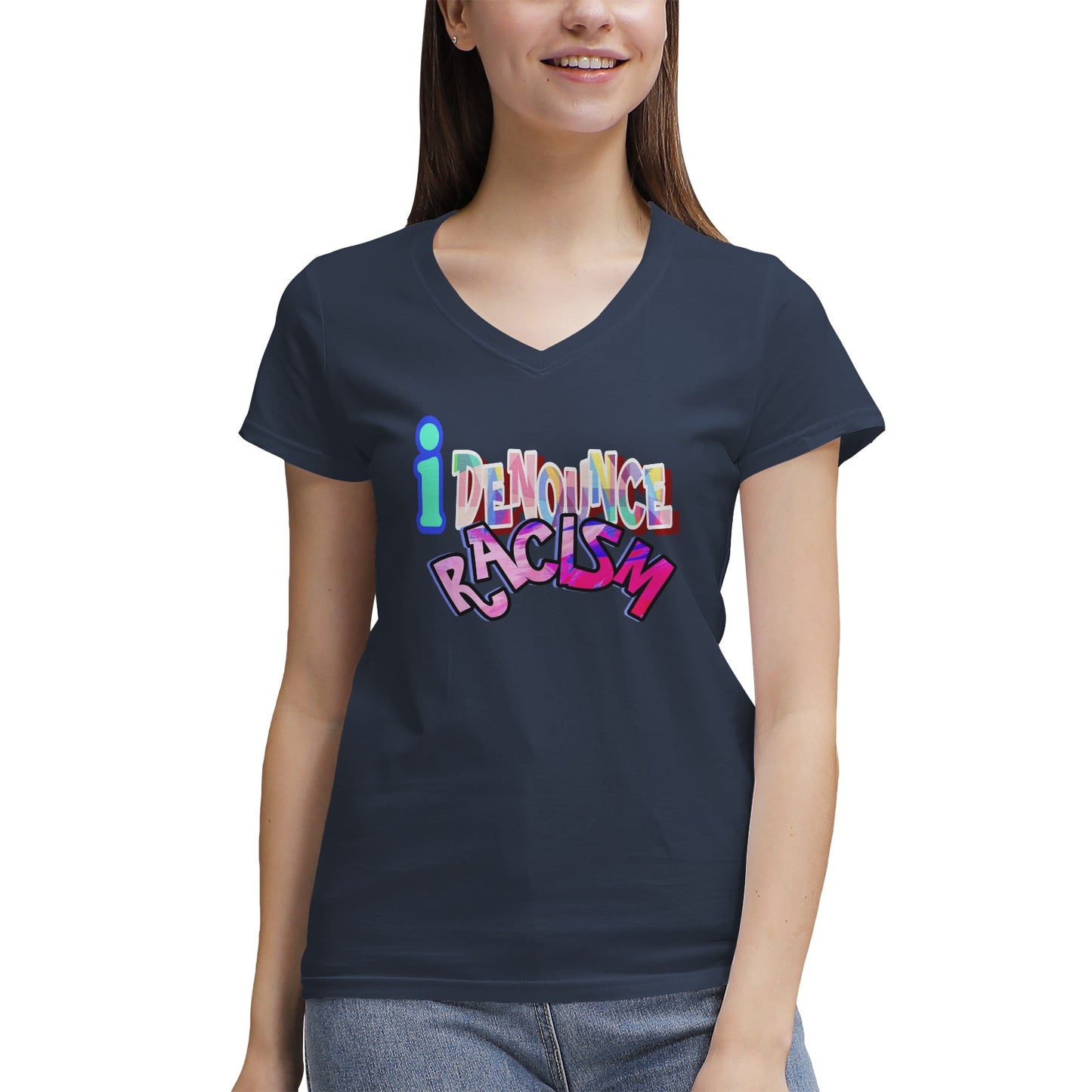 IDR iDENOUNCE RACISM Women's 100% Cotton V‑Neck T‑shirt
