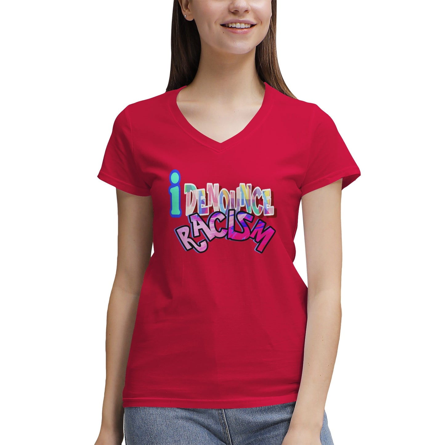 IDR iDENOUNCE RACISM Women's 100% Cotton V‑Neck T‑shirt