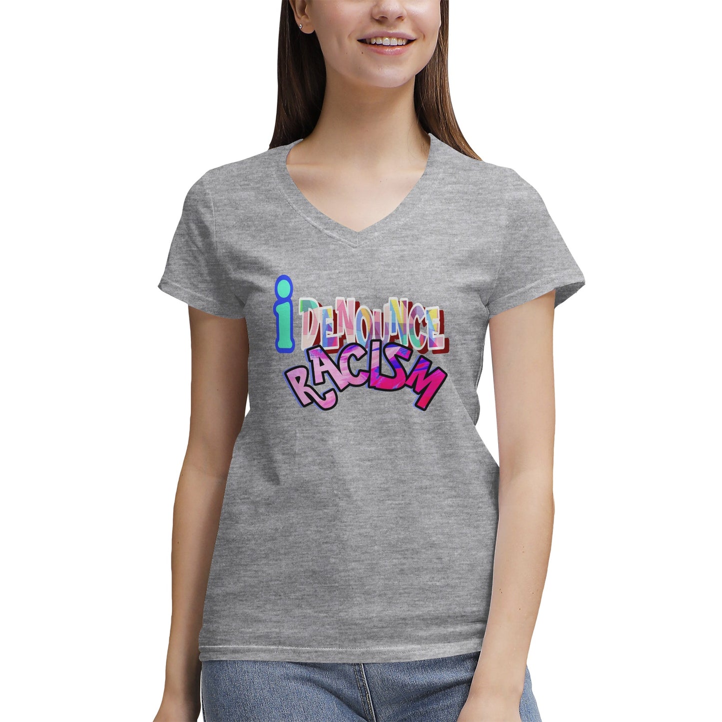 IDR iDENOUNCE RACISM Women's 100% Cotton V‑Neck T‑shirt