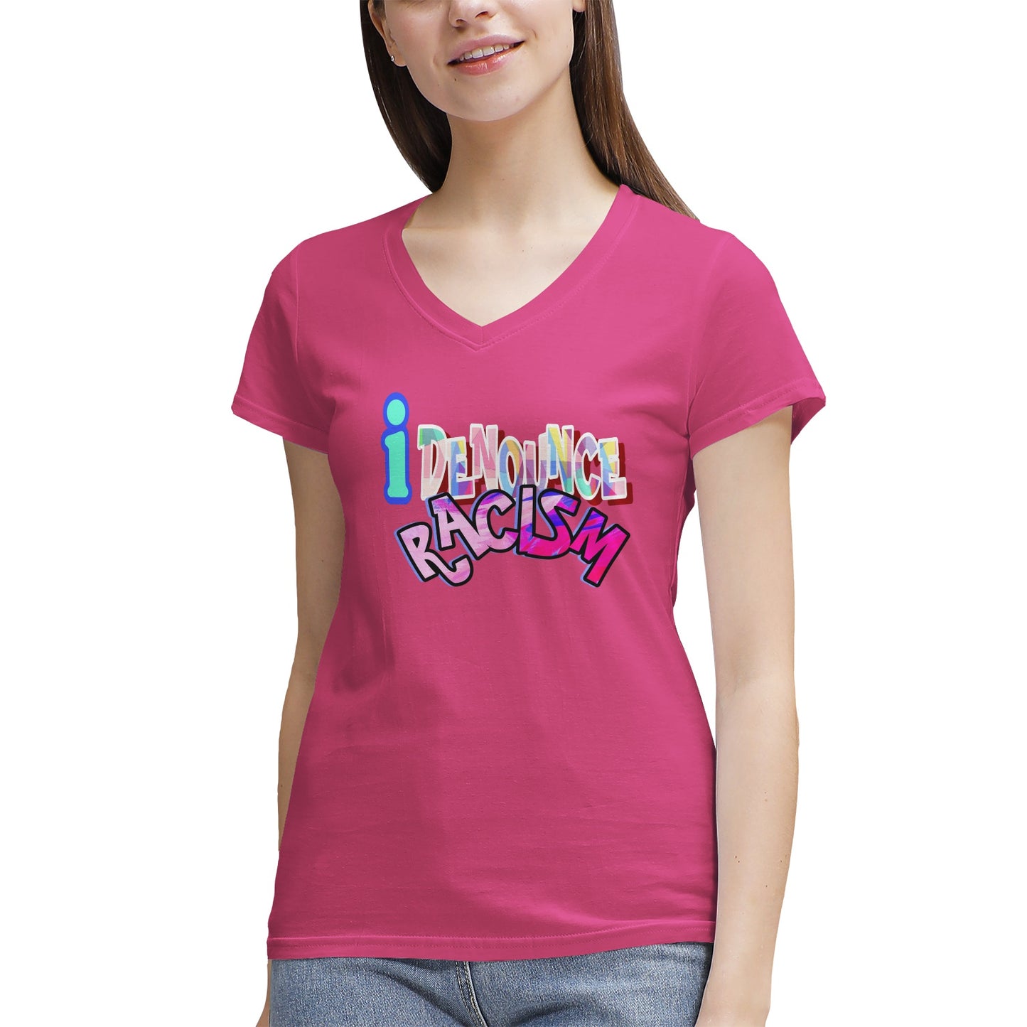 IDR iDENOUNCE RACISM Women's 100% Cotton V‑Neck T‑shirt