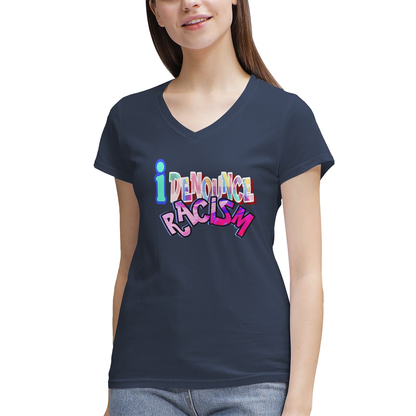 IDR iDENOUNCE RACISM Women's 100% Cotton V‑Neck T‑shirt