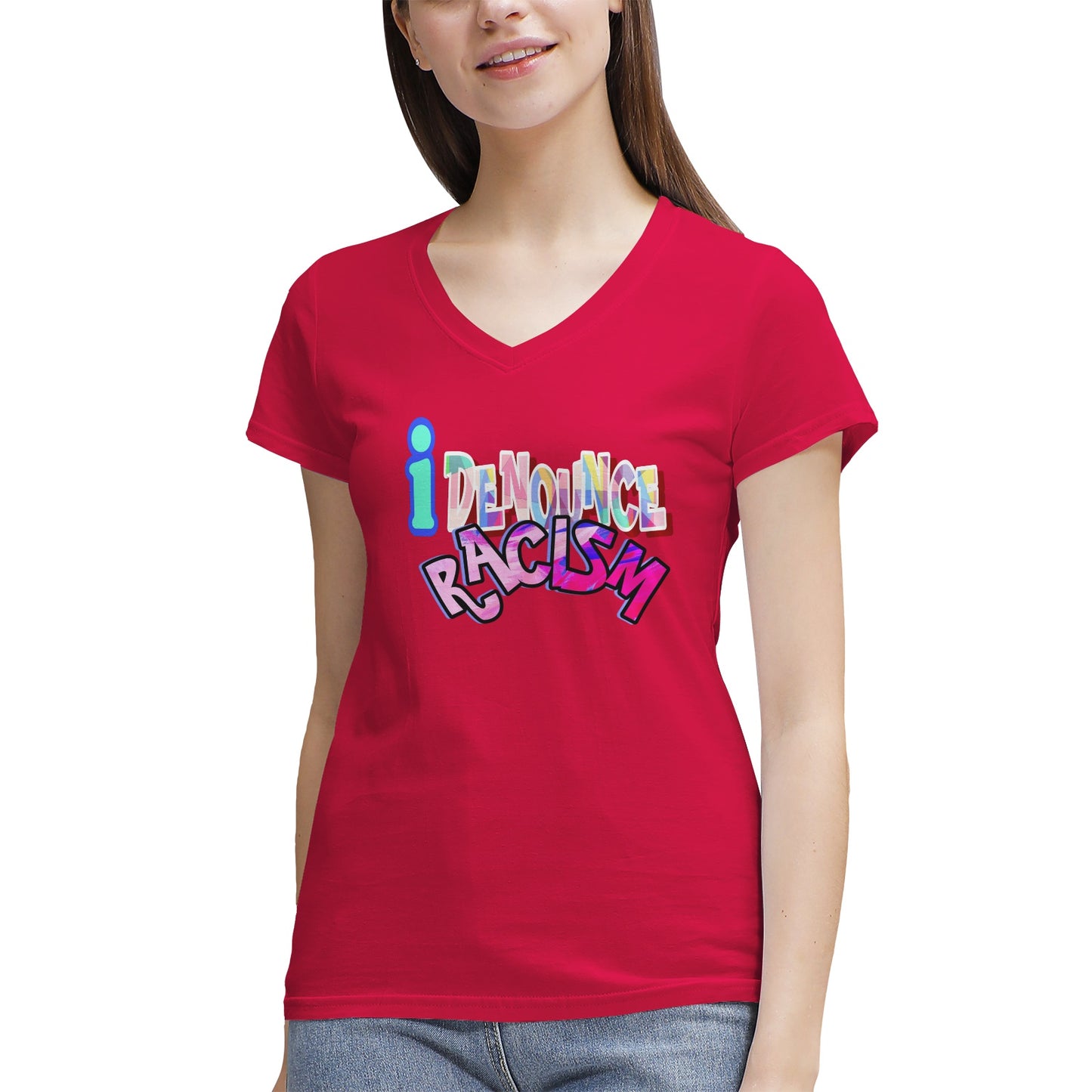 IDR iDENOUNCE RACISM Women's 100% Cotton V‑Neck T‑shirt
