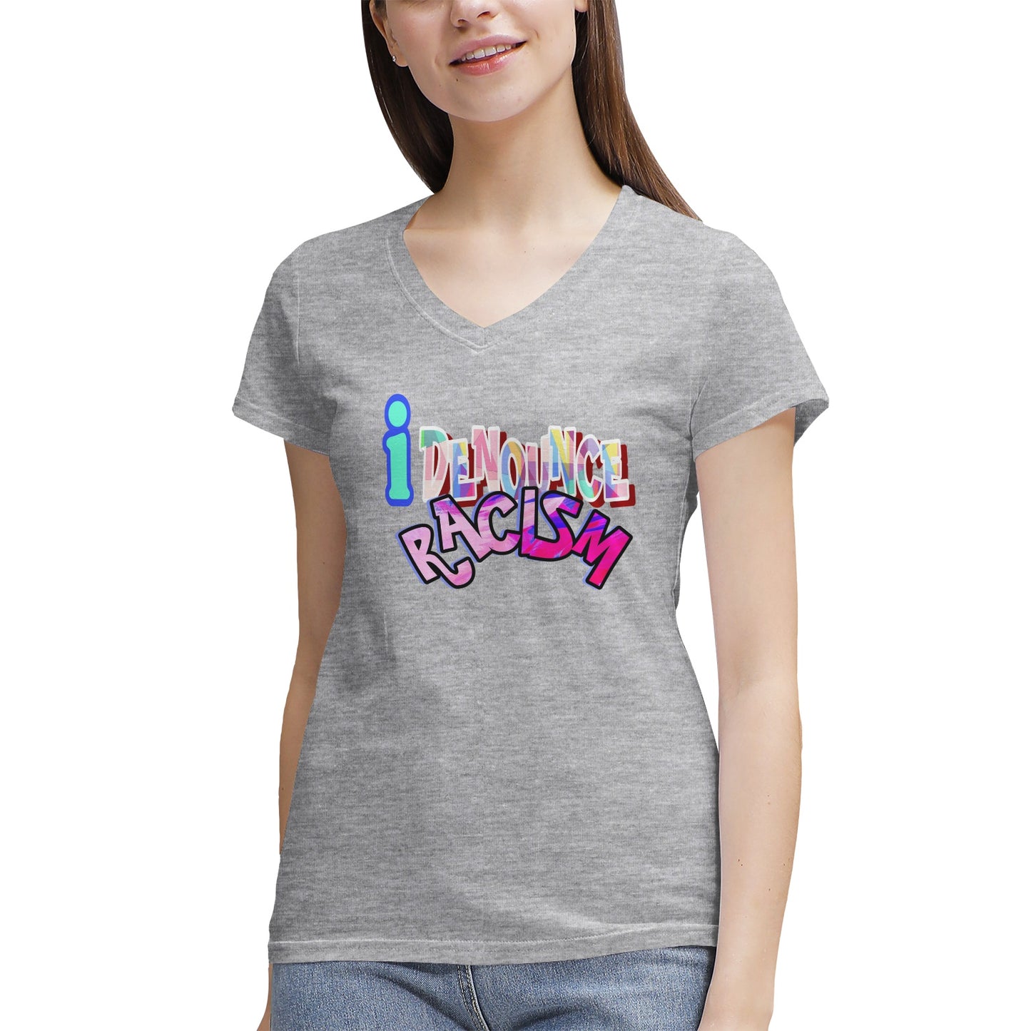 IDR iDENOUNCE RACISM Women's 100% Cotton V‑Neck T‑shirt