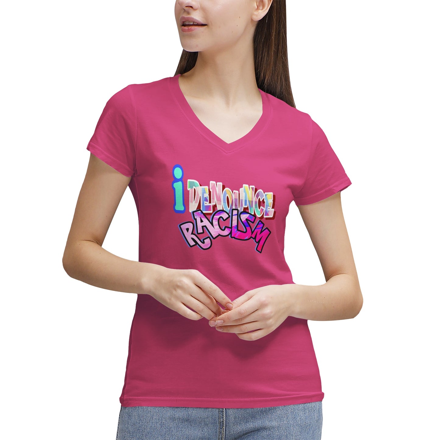 IDR iDENOUNCE RACISM Women's 100% Cotton V‑Neck T‑shirt