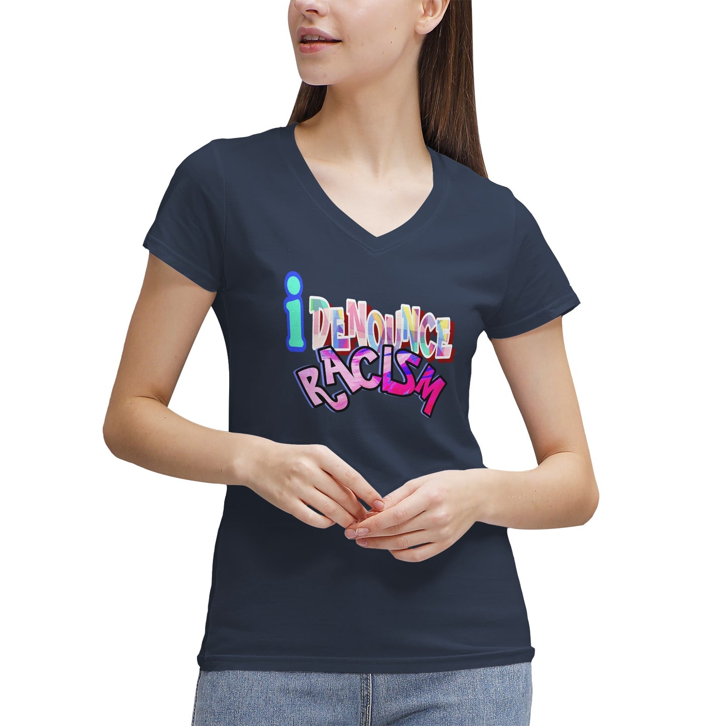 IDR iDENOUNCE RACISM Women's 100% Cotton V‑Neck T‑shirt