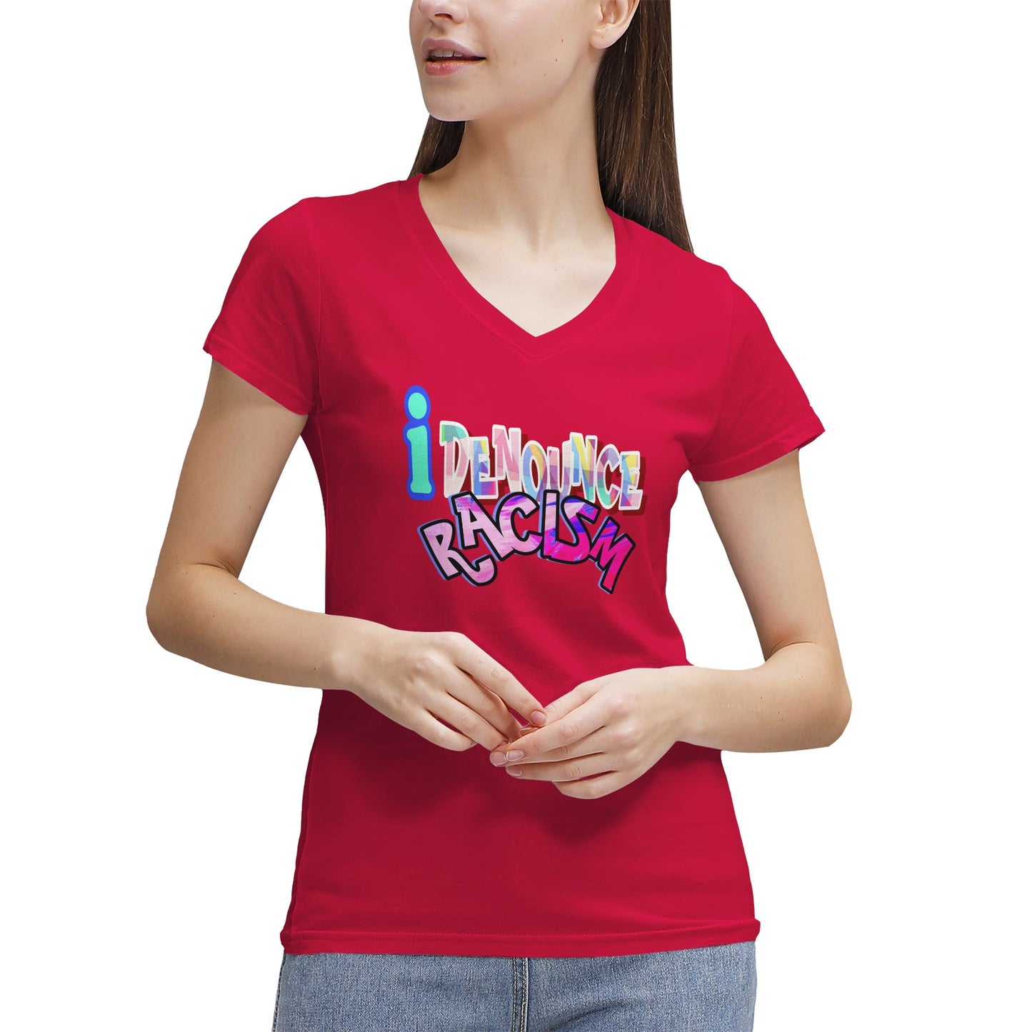IDR iDENOUNCE RACISM Women's 100% Cotton V‑Neck T‑shirt