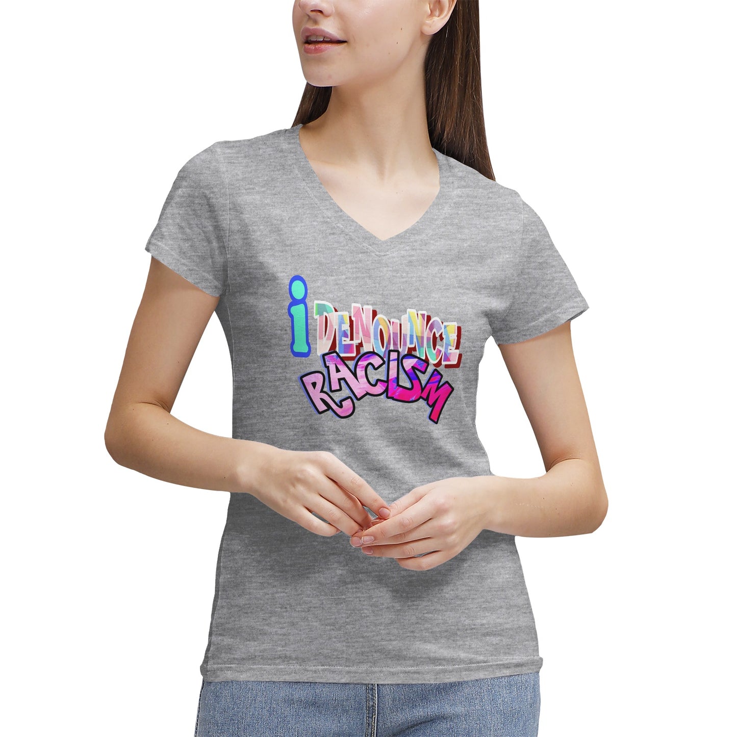 IDR iDENOUNCE RACISM Women's 100% Cotton V‑Neck T‑shirt